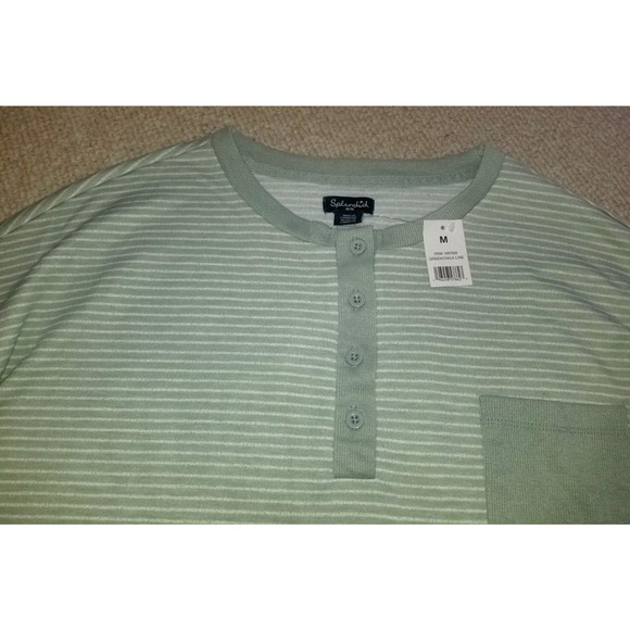 NWT Womens Top-SPLENDID-green/white striped stretch knit henley super soft ls-M - Picture 2 of 5